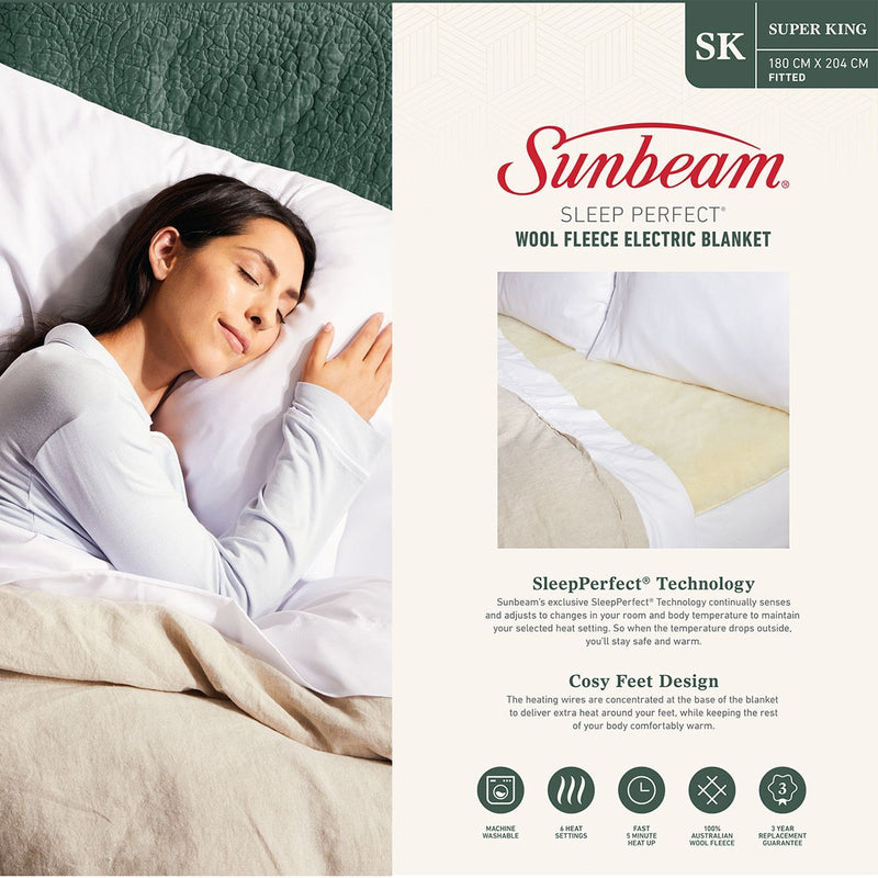 Sunbeam Sleep Perfect Super King Bed Wool Fleece Heated Blanket - NuSea