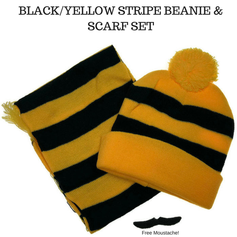 Tigers Beanie Hat & Scarf Set Party Costume w Moustache Warm Winter - Black/Yellow Stripe - NuSea