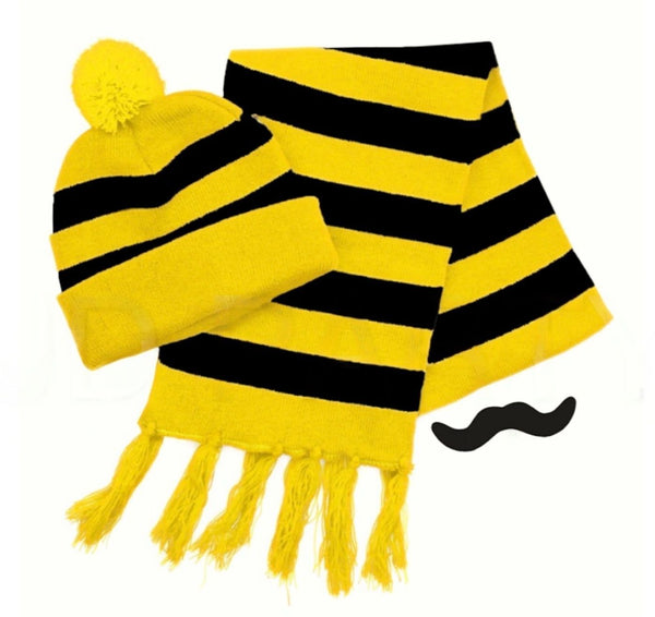 Tigers Beanie Hat & Scarf Set Party Costume w Moustache Warm Winter - Black/Yellow Stripe - NuSea