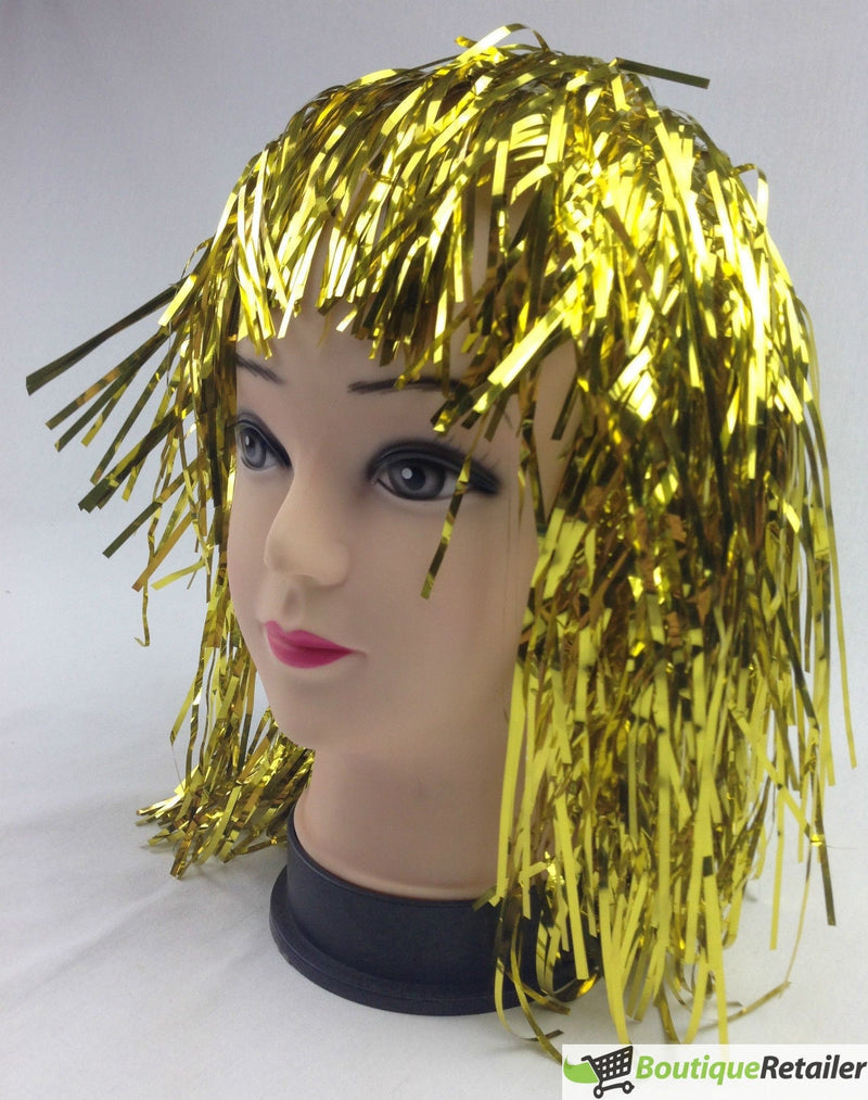 Tinsel Metallic Wig 70s 50s 20s Costume Mens Womens Unisex Disco Fancy Dress Up - Gold/Yellow - NuSea