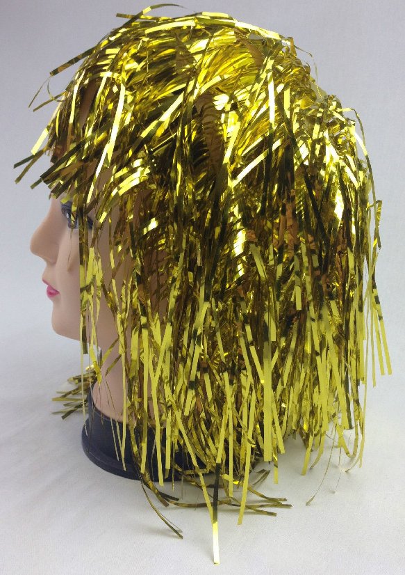 Tinsel Metallic Wig 70s 50s 20s Costume Mens Womens Unisex Disco Fancy Dress Up - Gold/Yellow - NuSea