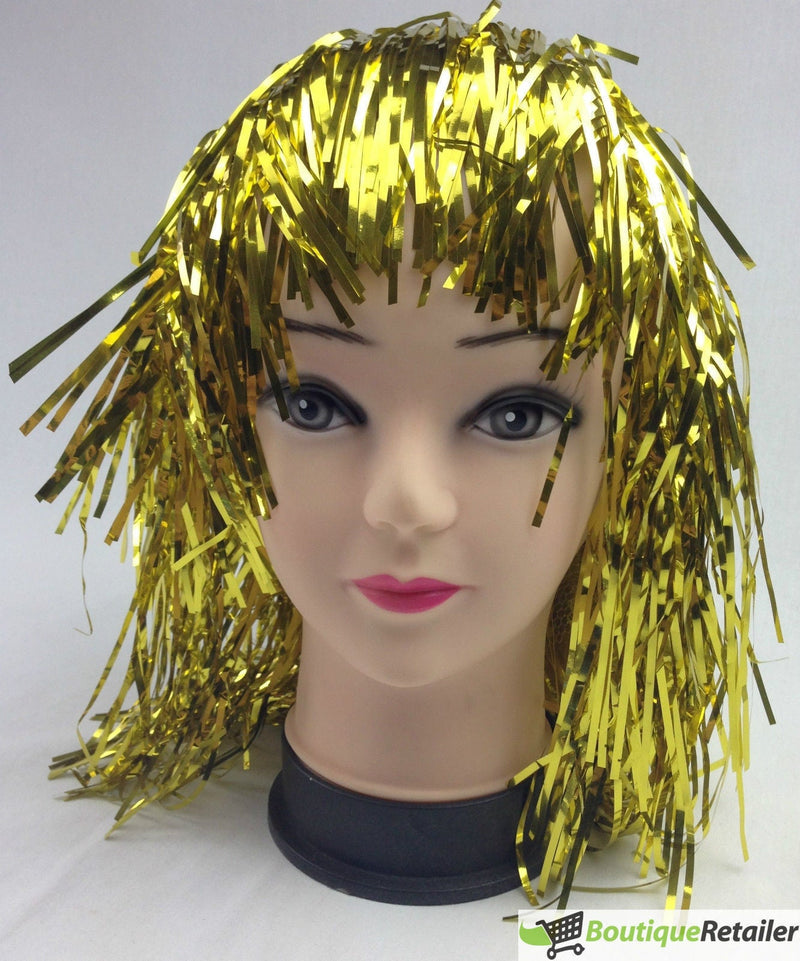 Tinsel Metallic Wig 70s 50s 20s Costume Mens Womens Unisex Disco Fancy Dress Up - Gold/Yellow - NuSea