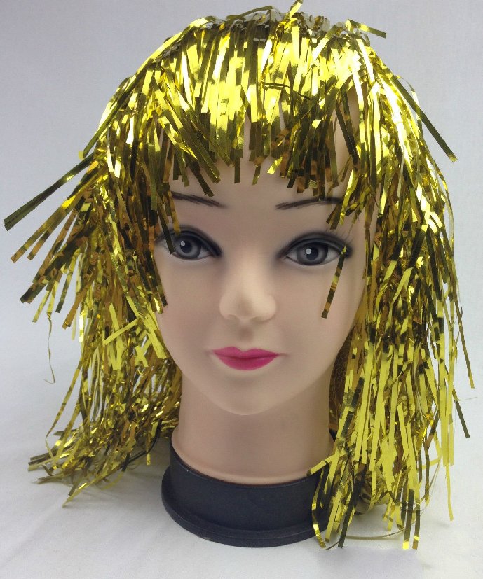 Tinsel Metallic Wig 70s 50s 20s Costume Mens Womens Unisex Disco Fancy Dress Up - Gold/Yellow - NuSea