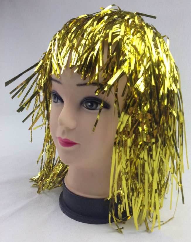 Tinsel Metallic Wig 70s 50s 20s Costume Mens Womens Unisex Disco Fancy Dress Up - Gold/Yellow - NuSea