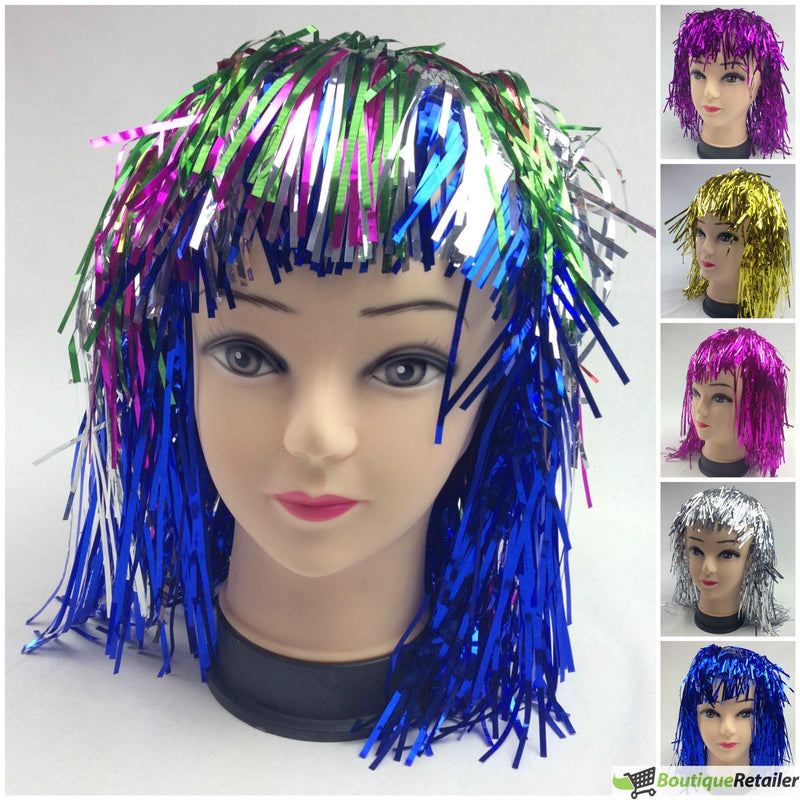 Tinsel Metallic Wig 70s 50s 20s Costume Mens Womens Unisex Disco Fancy Dress Up - Red - NuSea