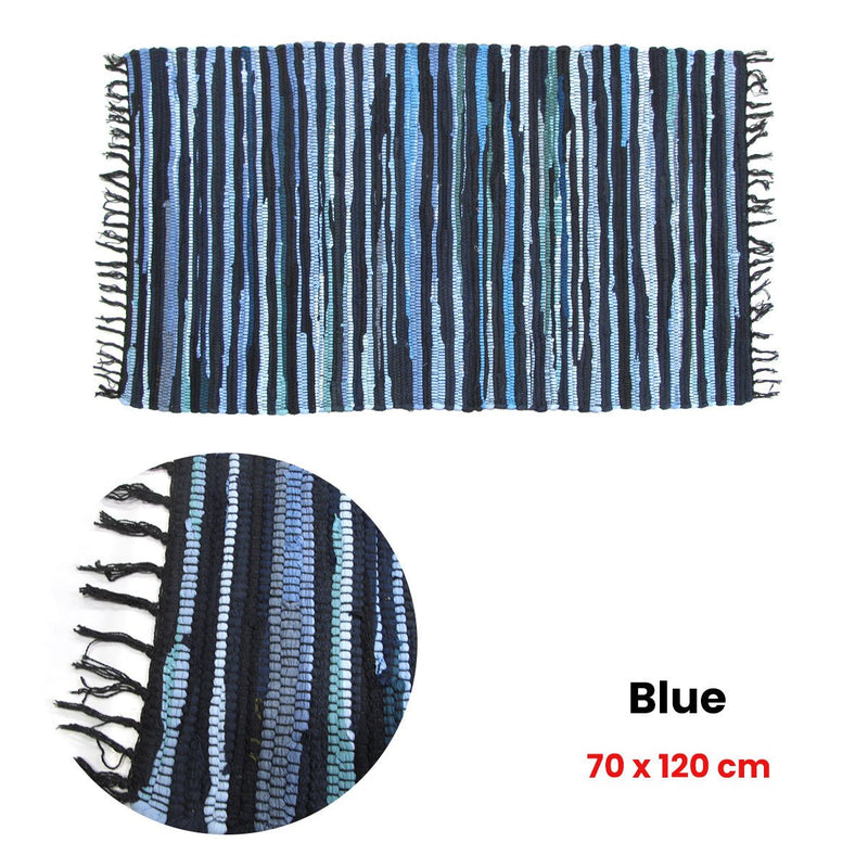 Tonal Chindi Cotton Handmade Floor Mat with Tassels 70 x 120 cm Blue - NuSea