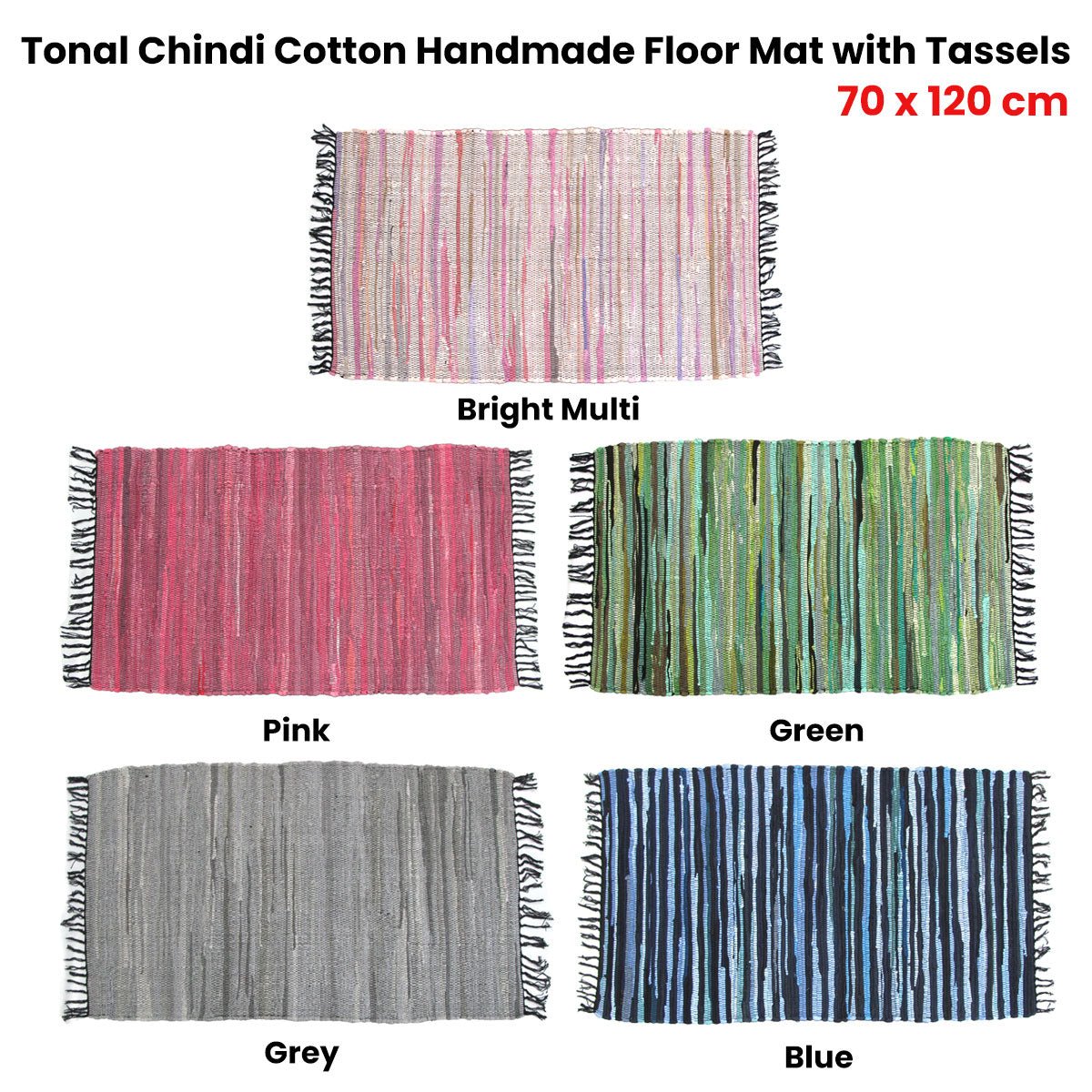 Tonal Chindi Cotton Handmade Floor Mat with Tassels 70 x 120 cm Blue - NuSea