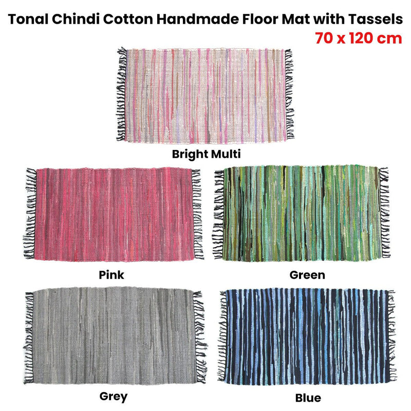 Tonal Chindi Cotton Handmade Floor Mat with Tassels 70 x 120 cm Blue - NuSea