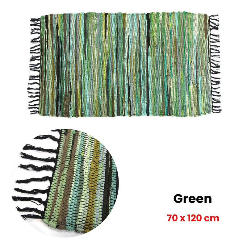 Tonal Chindi Cotton Handmade Floor Mat with Tassels 70 x 120 cm Green - NuSea