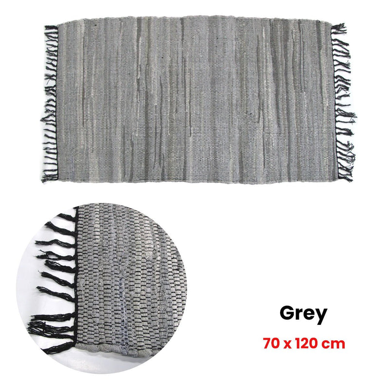 Tonal Chindi Cotton Handmade Floor Mat with Tassels 70 x 120 cm Grey - NuSea