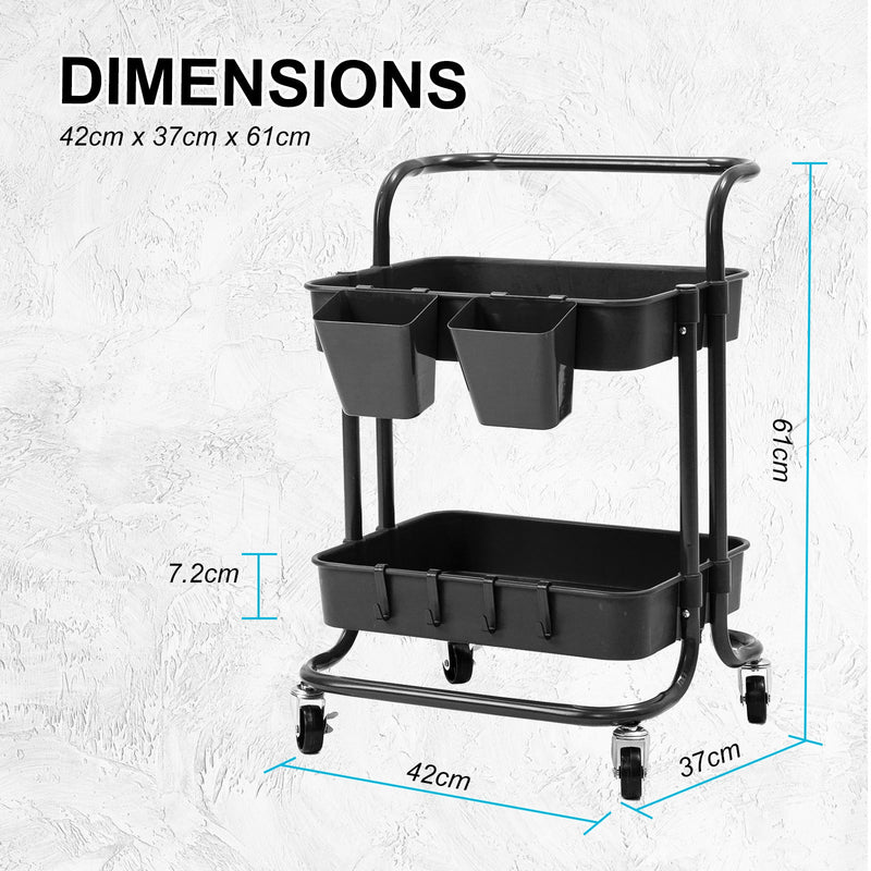 Trolley Cart Storage Utility Rack Shelf Organiser Swivel Kitchen 2 Tier BLACK - NuSea