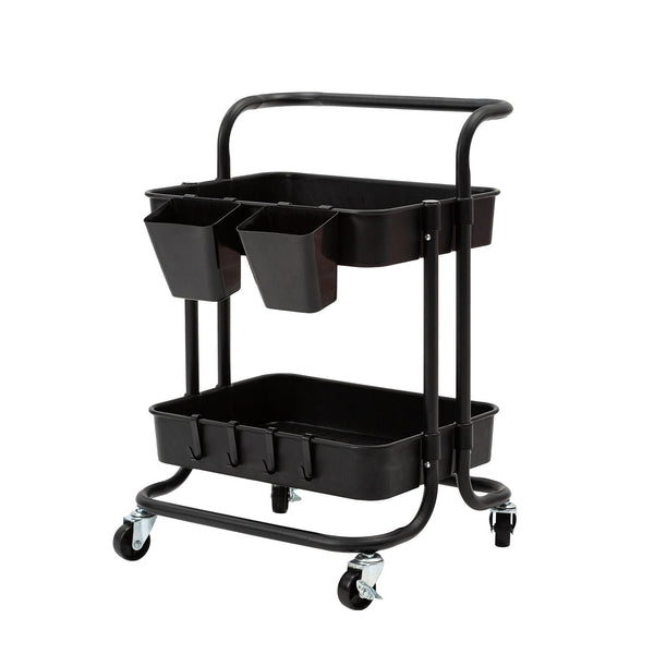 Trolley Cart Storage Utility Rack Shelf Organiser Swivel Kitchen 2 Tier BLACK - NuSea