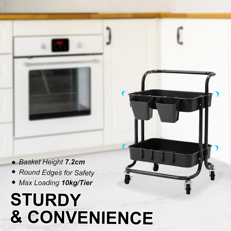 Trolley Cart Storage Utility Rack Shelf Organiser Swivel Kitchen 2 Tier BLACK - NuSea