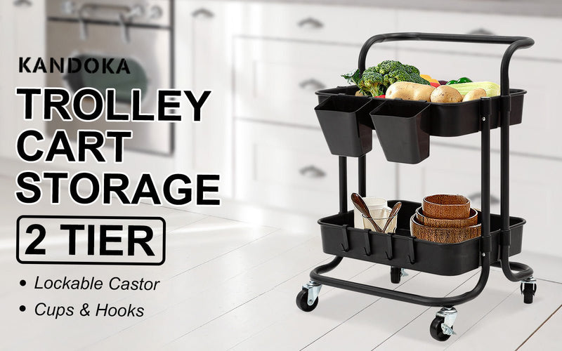 Trolley Cart Storage Utility Rack Shelf Organiser Swivel Kitchen 2 Tier BLACK - NuSea