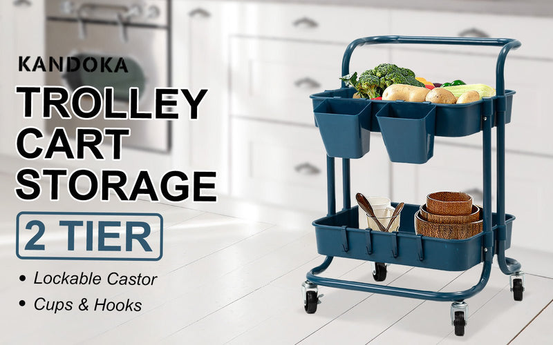 Trolley Cart Storage Utility Rack Shelf Organiser Swivel Kitchen 2 Tier BLUE - NuSea