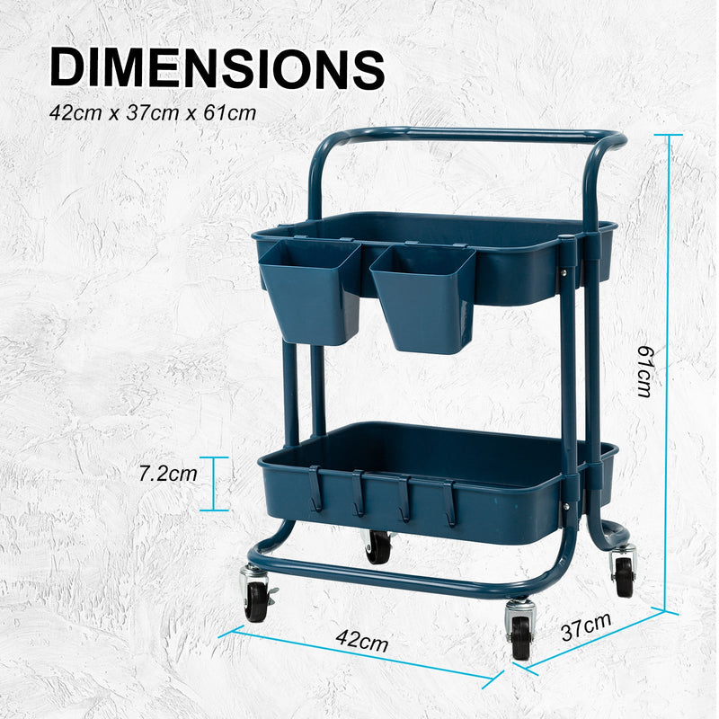 Trolley Cart Storage Utility Rack Shelf Organiser Swivel Kitchen 2 Tier BLUE - NuSea