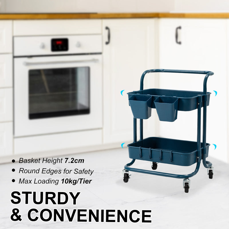 Trolley Cart Storage Utility Rack Shelf Organiser Swivel Kitchen 2 Tier BLUE - NuSea