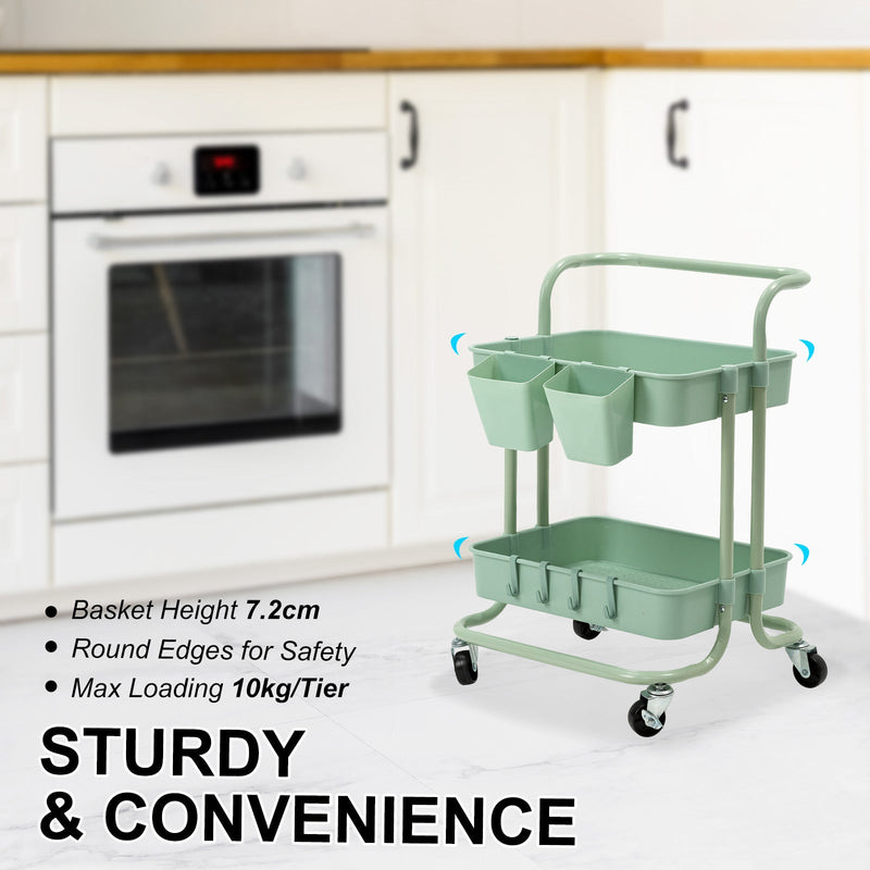 Trolley Cart Storage Utility Rack Shelf Organiser Swivel Kitchen 2 Tier GREEN - NuSea