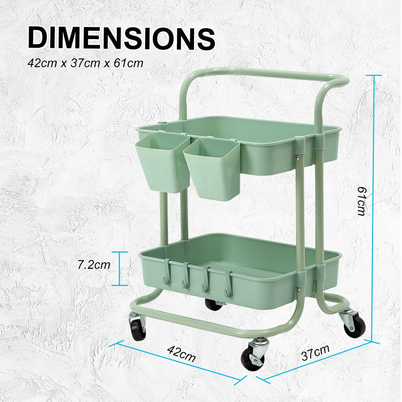 Trolley Cart Storage Utility Rack Shelf Organiser Swivel Kitchen 2 Tier GREEN - NuSea