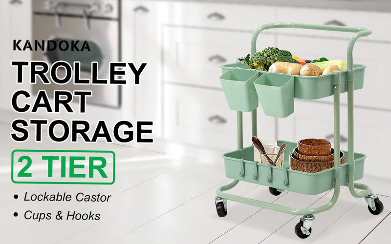 Trolley Cart Storage Utility Rack Shelf Organiser Swivel Kitchen 2 Tier GREEN - NuSea