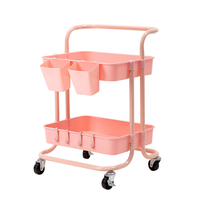 Trolley Cart Storage Utility Rack Shelf Organiser Swivel Kitchen 2 Tier PINK - NuSea