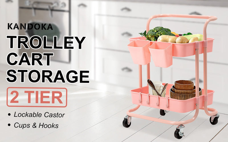 Trolley Cart Storage Utility Rack Shelf Organiser Swivel Kitchen 2 Tier PINK - NuSea