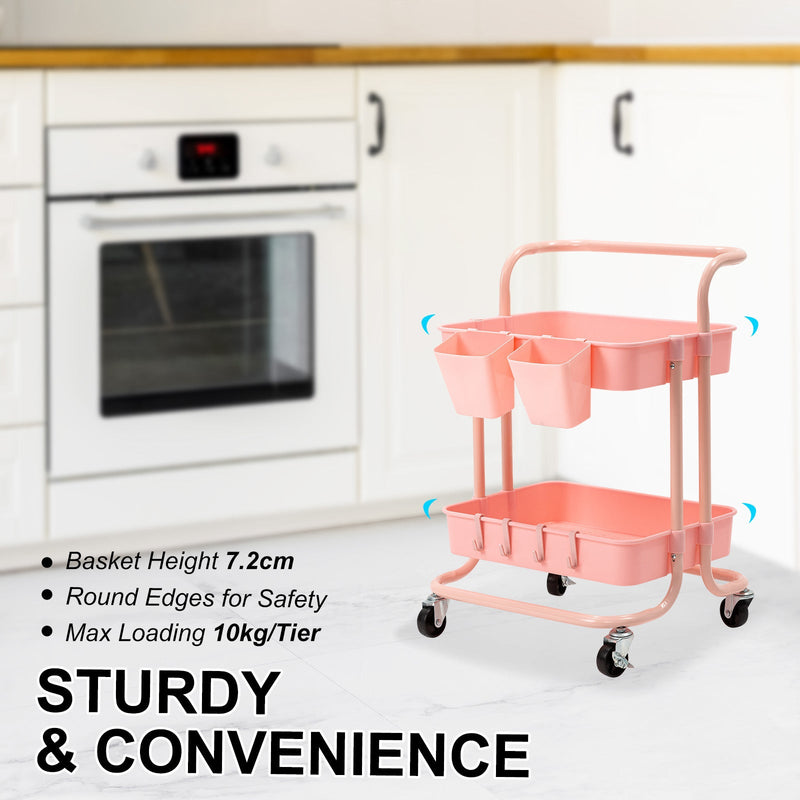 Trolley Cart Storage Utility Rack Shelf Organiser Swivel Kitchen 2 Tier PINK - NuSea