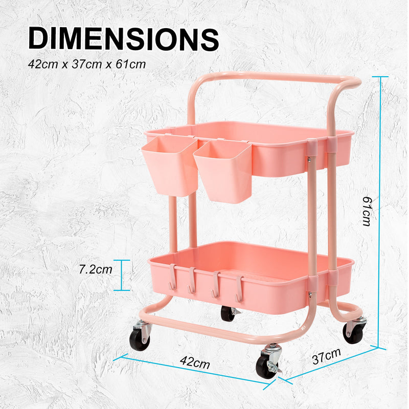 Trolley Cart Storage Utility Rack Shelf Organiser Swivel Kitchen 2 Tier PINK - NuSea