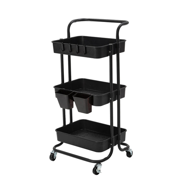 Trolley Cart Storage Utility Rack Shelf Organiser Swivel Kitchen 3 Tier BLACK - NuSea