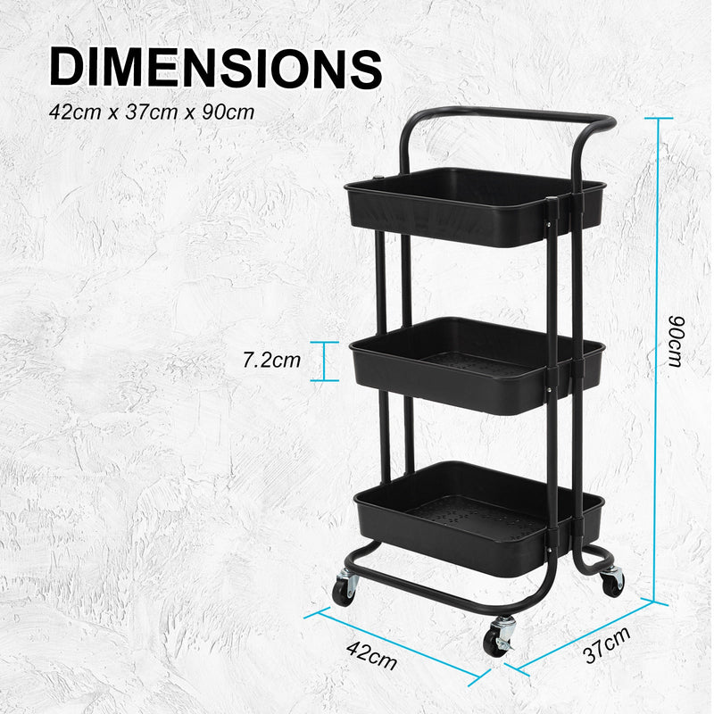 Trolley Cart Storage Utility Rack Shelf Organiser Swivel Kitchen 3 Tier BLACK - NuSea