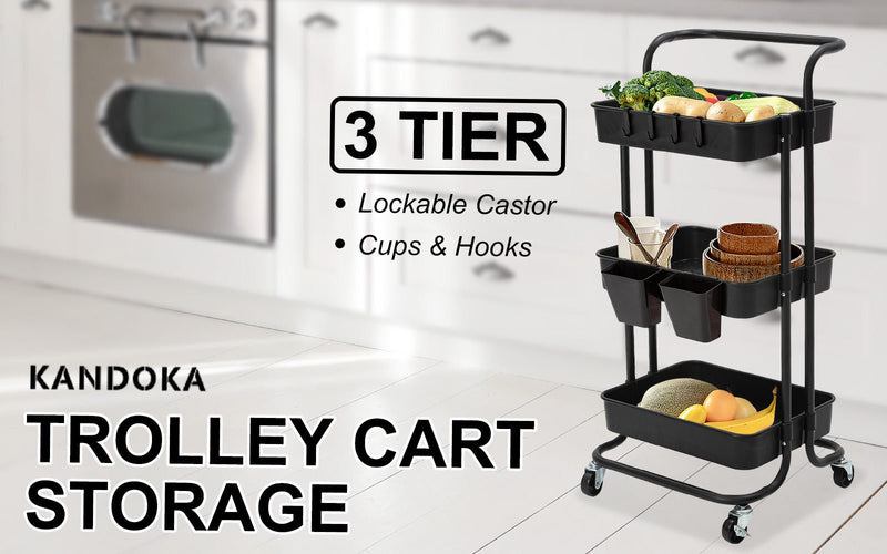 Trolley Cart Storage Utility Rack Shelf Organiser Swivel Kitchen 3 Tier BLACK - NuSea