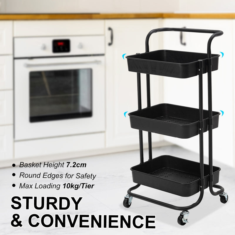 Trolley Cart Storage Utility Rack Shelf Organiser Swivel Kitchen 3 Tier BLACK - NuSea