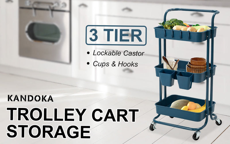 Trolley Cart Storage Utility Rack Shelf Organiser Swivel Kitchen 3 Tier BLUE - NuSea