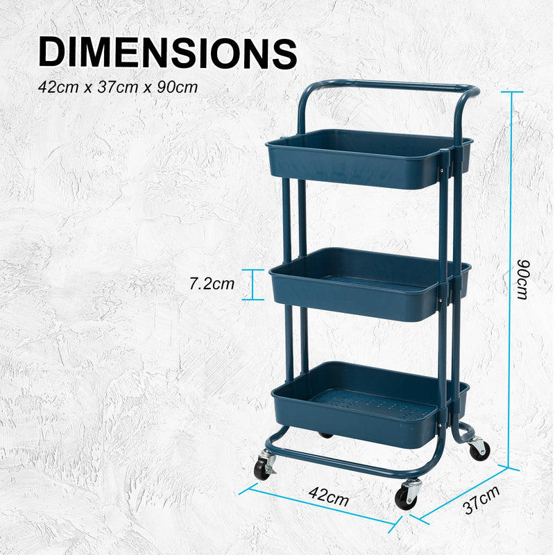 Trolley Cart Storage Utility Rack Shelf Organiser Swivel Kitchen 3 Tier BLUE - NuSea