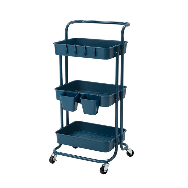 Trolley Cart Storage Utility Rack Shelf Organiser Swivel Kitchen 3 Tier BLUE - NuSea