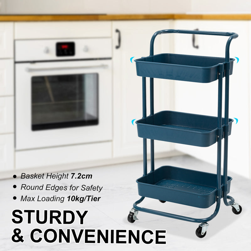 Trolley Cart Storage Utility Rack Shelf Organiser Swivel Kitchen 3 Tier BLUE - NuSea