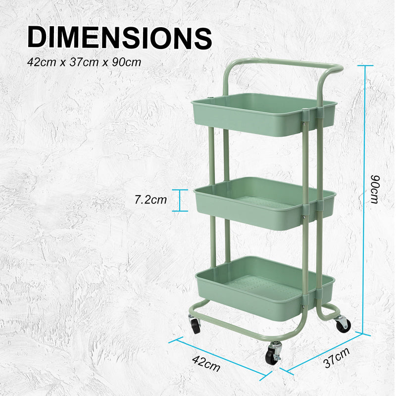 Trolley Cart Storage Utility Rack Shelf Organiser Swivel Kitchen 3 Tier GREEN - NuSea