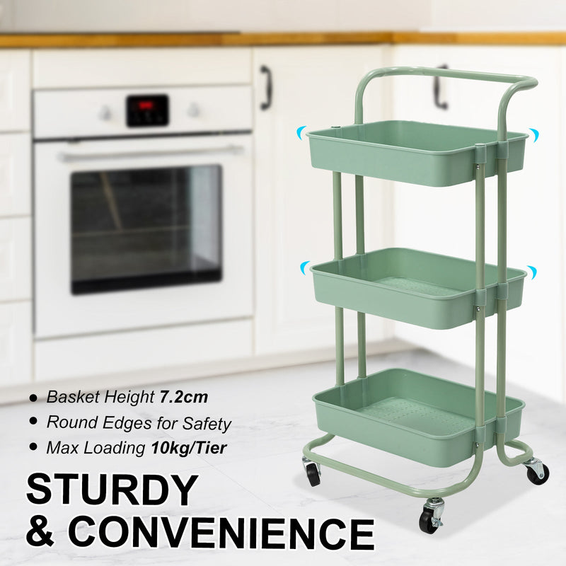 Trolley Cart Storage Utility Rack Shelf Organiser Swivel Kitchen 3 Tier GREEN - NuSea