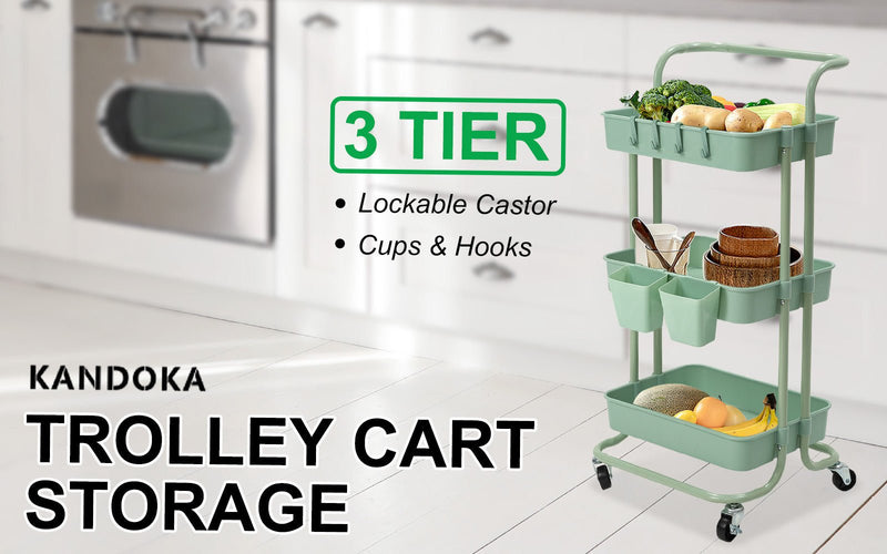 Trolley Cart Storage Utility Rack Shelf Organiser Swivel Kitchen 3 Tier GREEN - NuSea