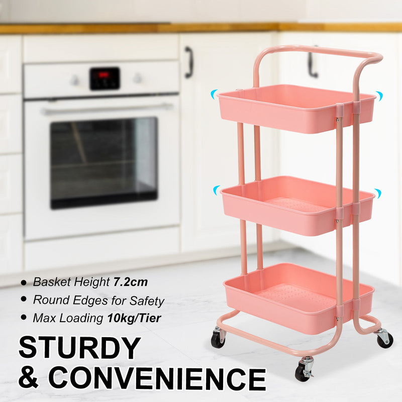 Trolley Cart Storage Utility Rack Shelf Organiser Swivel Kitchen 3 Tier PINK - NuSea