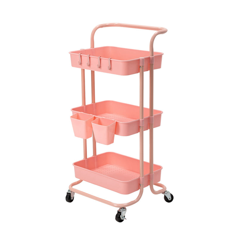 Trolley Cart Storage Utility Rack Shelf Organiser Swivel Kitchen 3 Tier PINK - NuSea