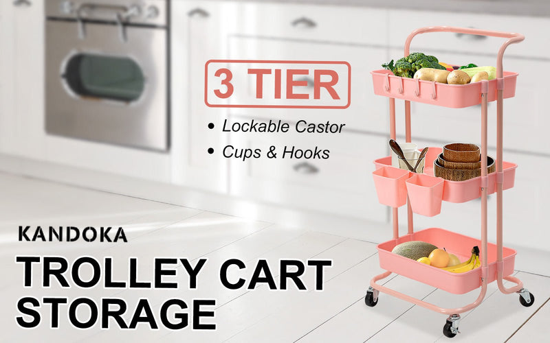 Trolley Cart Storage Utility Rack Shelf Organiser Swivel Kitchen 3 Tier PINK - NuSea