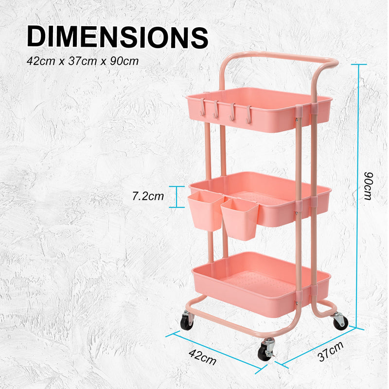 Trolley Cart Storage Utility Rack Shelf Organiser Swivel Kitchen 3 Tier PINK - NuSea