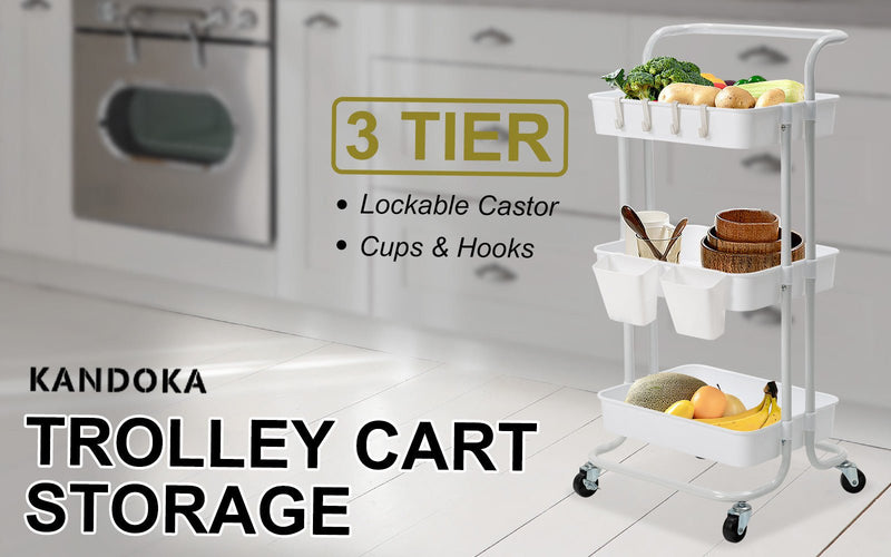 Trolley Cart Storage Utility Rack Shelf Organiser Swivel Kitchen 3 Tier WHITE - NuSea