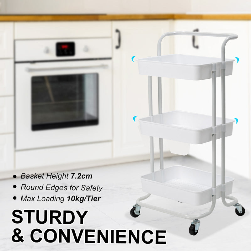 Trolley Cart Storage Utility Rack Shelf Organiser Swivel Kitchen 3 Tier WHITE - NuSea