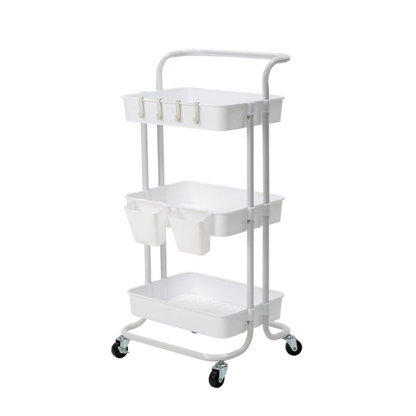 Trolley Cart Storage Utility Rack Shelf Organiser Swivel Kitchen 3 Tier WHITE - NuSea