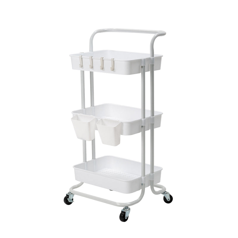 Trolley Cart Storage Utility Rack Shelf Organiser Swivel Kitchen 3 Tier WHITE - NuSea