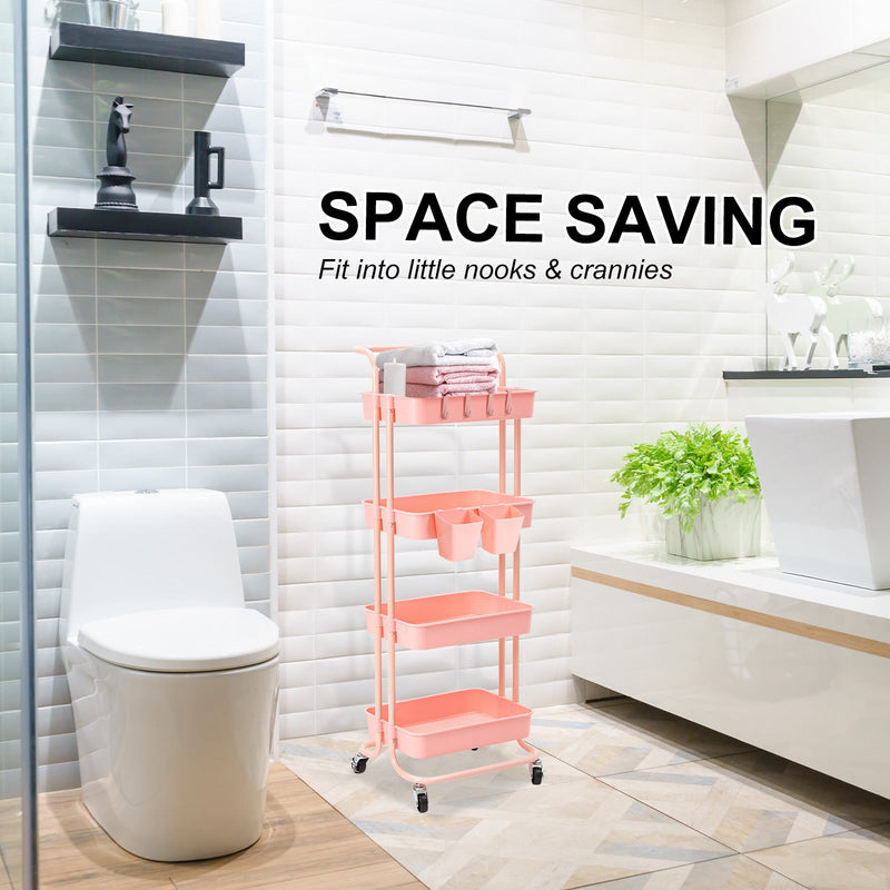 Trolley Cart Storage Utility Rack Shelf Organiser Swivel Kitchen 4 Tier PINK - NuSea