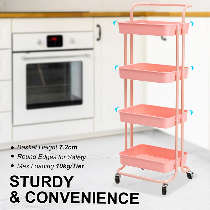 Trolley Cart Storage Utility Rack Shelf Organiser Swivel Kitchen 4 Tier PINK - NuSea