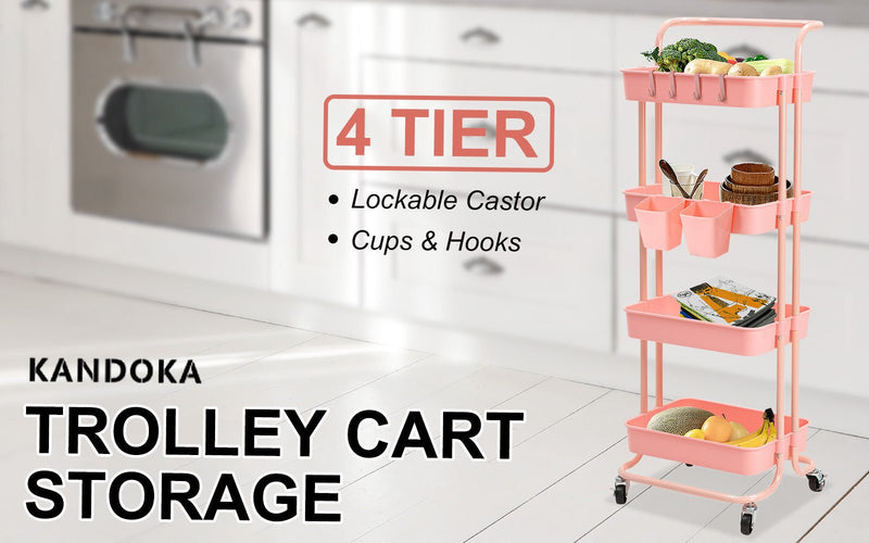 Trolley Cart Storage Utility Rack Shelf Organiser Swivel Kitchen 4 Tier PINK - NuSea